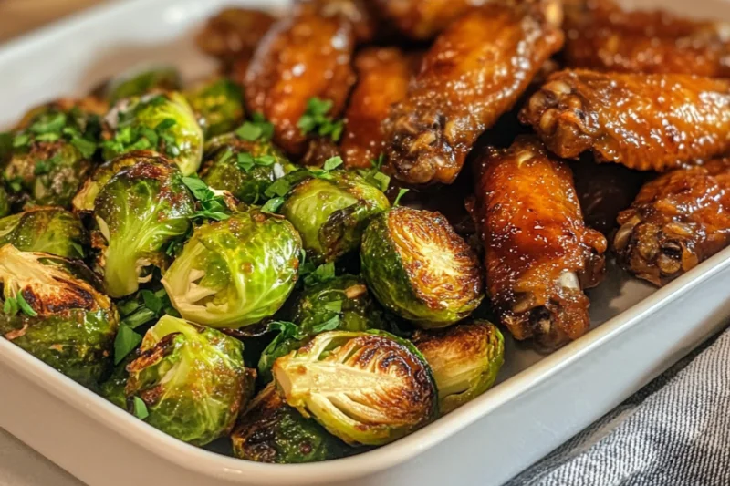 Whole air fryer Brussels sprouts and crispy chicken wings served side-by-side in a white dish. Homemade meal photographed with an iPhone 11 in natural kitchen lighting, with a soft towel in the background.