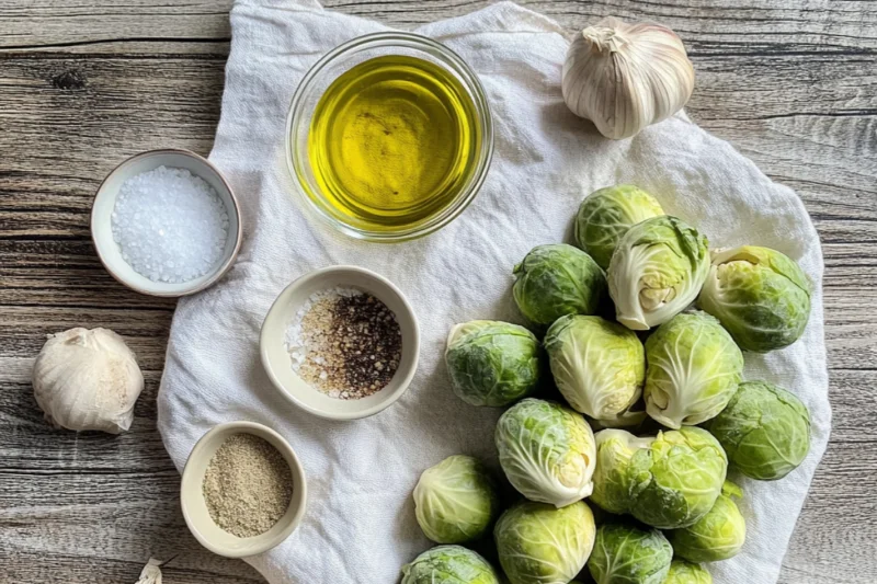 air fryer Frozen Brussels sprouts Raw Brussels sprouts on a white cloth with small bowls of olive oil, salt, pepper, garlic powder, and fresh garlic cloves, arranged on a rustic wooden surface.