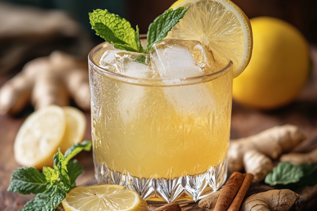 Natural Mounjaro Drink served in a modern clear glass with ice, garnished with mint and a lemon slice. Surrounded by fresh ginger, lemons, and mint leaves on a rustic wooden table, captured in soft natural light