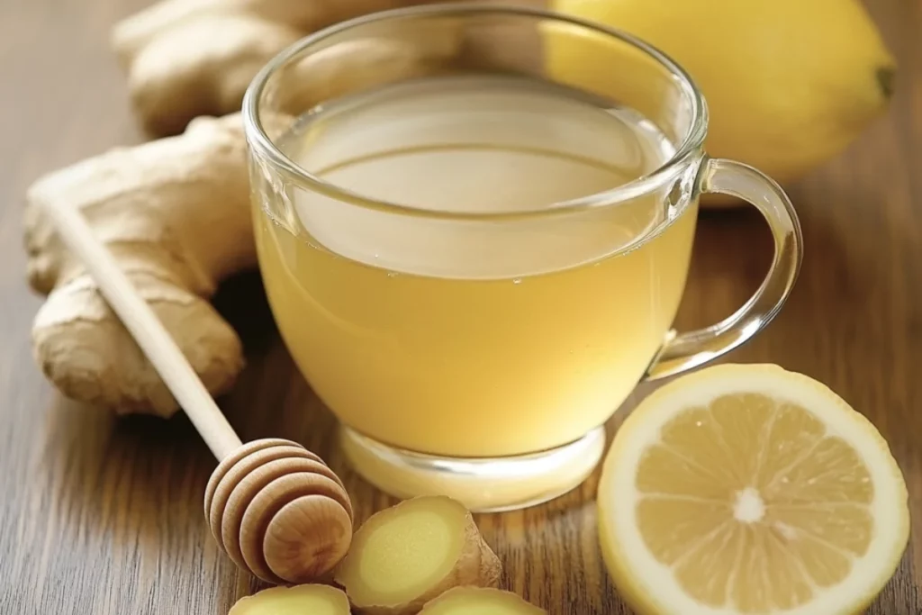 Ingredients for a natural wellness drink: a dish with honey and freshly grated ginger beside a cup containing warm water and lemon juice, ready to be mixed together.