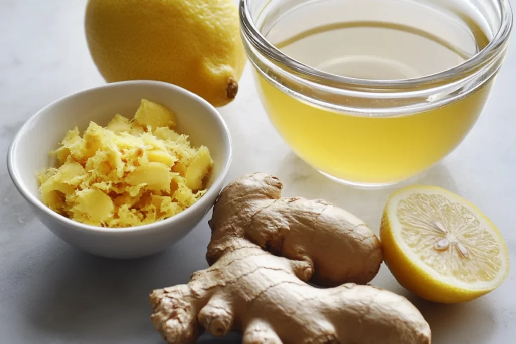 A glass bowl filled with warm lemon water sits beside a small white bowl containing freshly grated ginger. Surrounding them are whole ginger root, a halved lemon, and a whole lemon, all arranged on a light countertop.