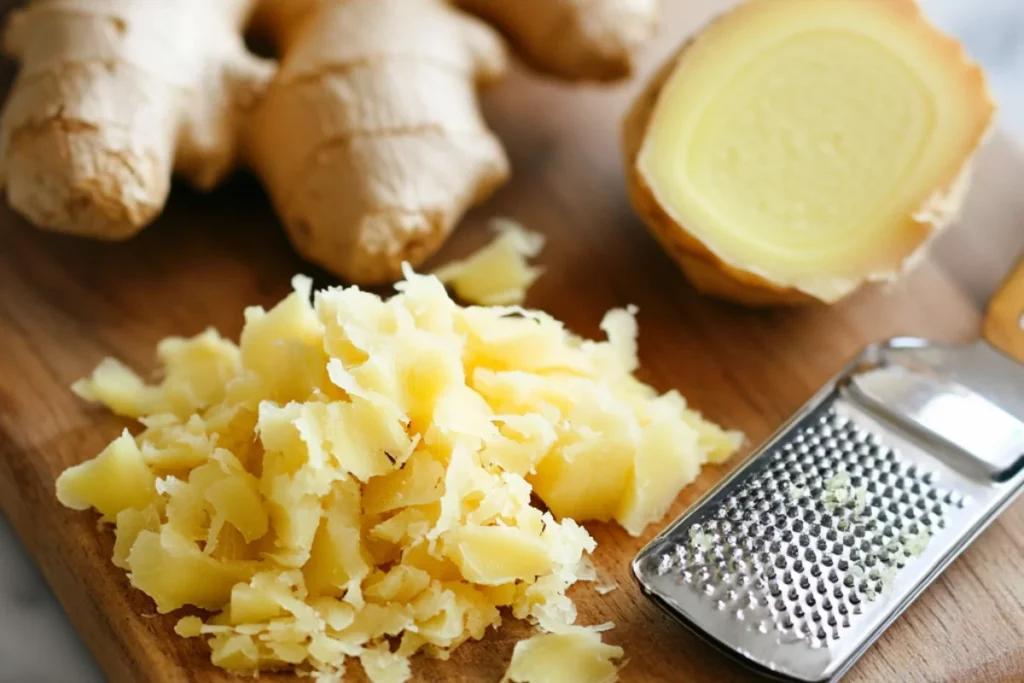 A close-up view of freshly grated ginger being stirred into warm lemon water with a spoon, using a microplane grater nearby on a light kitchen surface.