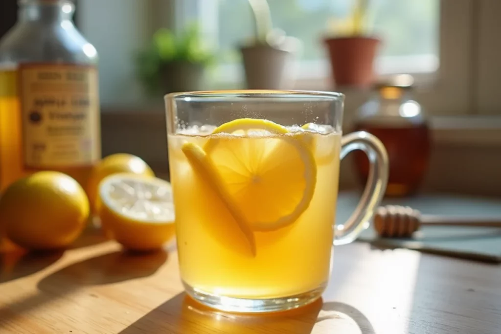 Homemade Apple Cider Vinegar and Honey Drink served in a clear glass with lemon slices, captured in natural light on a kitchen counter with raw ingredients in the background.
