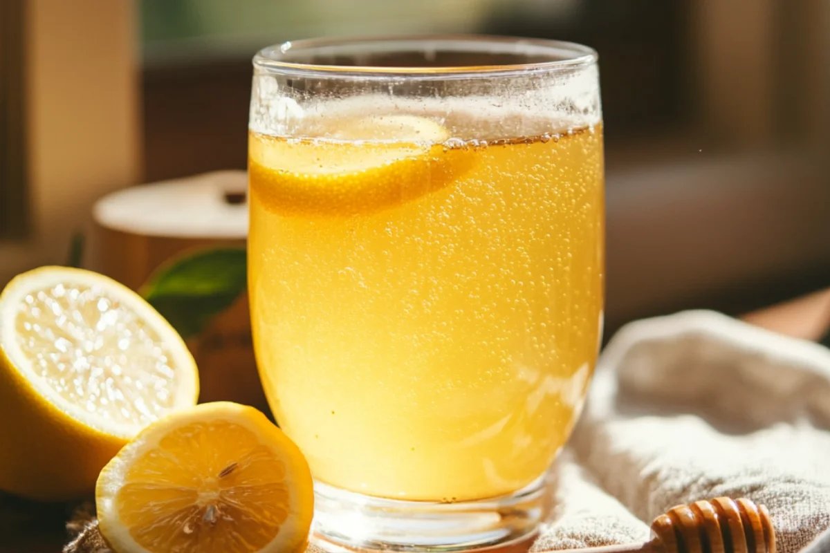 Close-up of a homemade apple cider vinegar and honey drink with lemon slices in a clear glass, surrounded by fresh lemons and a honey dipper, captured in warm natural light.