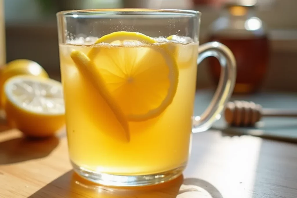 Glass mug of homemade apple cider vinegar and honey drink with lemon slices, sitting on a wooden kitchen counter in natural sunlight, with fresh lemons and a honey dipper in the background.