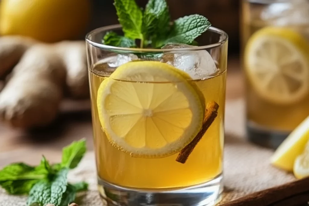Apple cider vinegar and honey drink in a glass, with added lemon slices, cinnamon stick, and fresh ginger on a wooden surface, showcasing natural flavor enhancements.