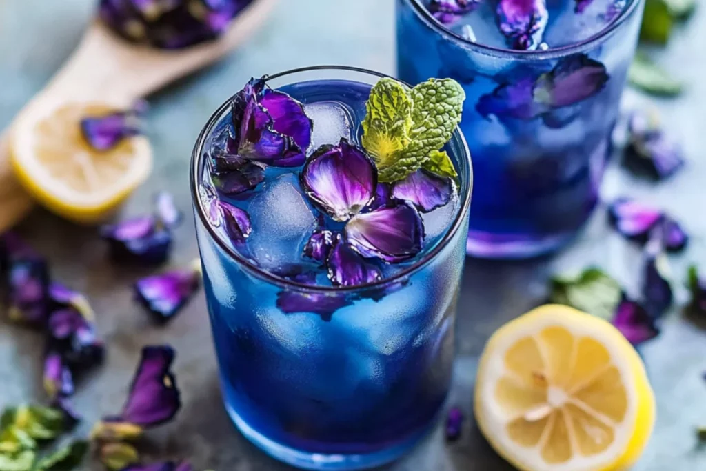 Two glasses of iced butterfly pea flower tea with purple petals, mint leaves, and lemon slices, surrounded by scattered dried flowers on a rustic surface.