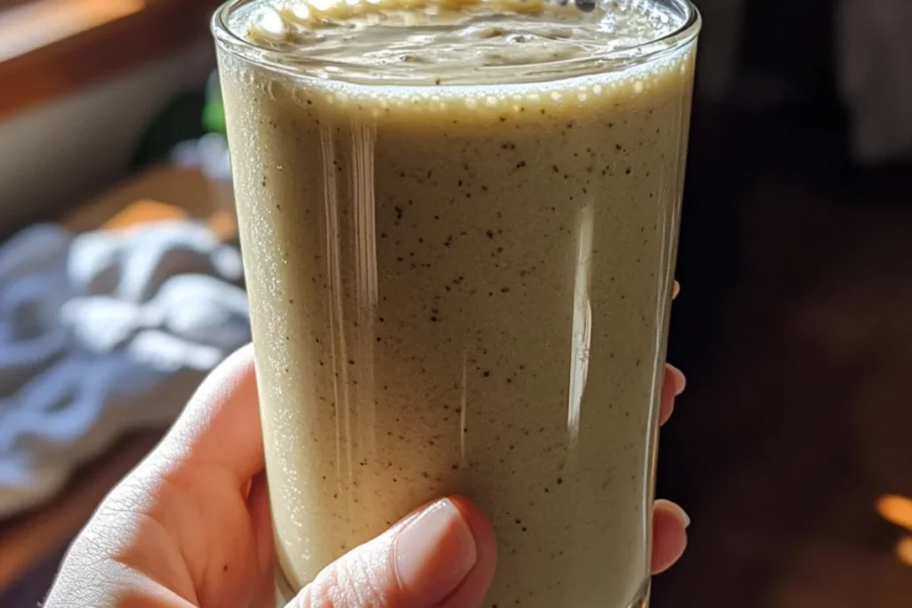 A sea moss smoothie in a clear glass, held in one hand. The smoothie is thick and beige-green with visible specks. Soft natural light and a slightly cluttered kitchen background give it a cozy, homemade feel. The photo is casual and unfiltered, like a Reddit food post.