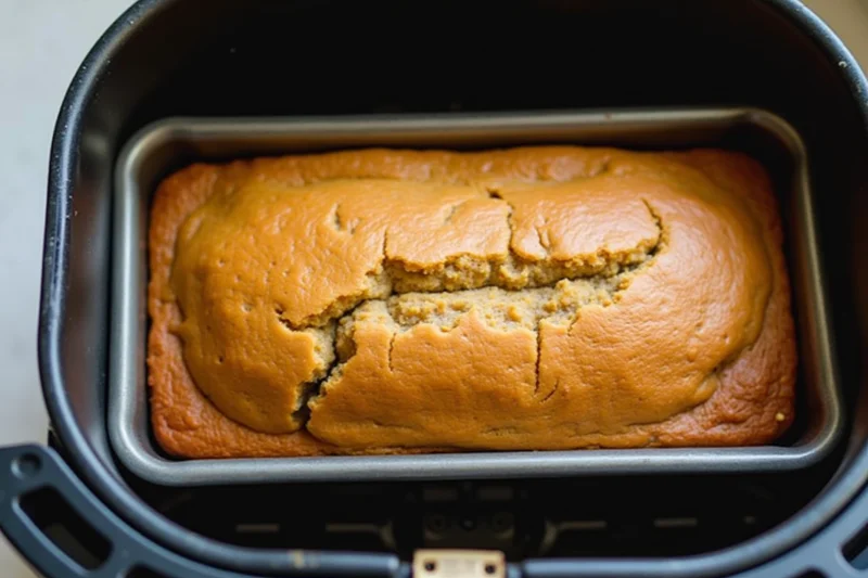 A golden-brown loaf of banana bread baking in a metal loaf pan inside an air fryer basket. The bread is evenly risen with a crack down the center, indicating it’s nearly done. The air fryer is open, showing the baking process from a top-down angle.