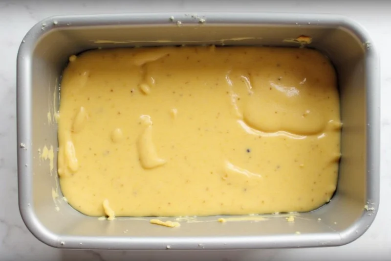 Banana bread batter being poured into a greased metal loaf pan, ready to go into the air fryer. The batter is thick and creamy, with visible banana chunks and chocolate chips. A spatula or spoon may be in the frame, and the pan sits on a kitchen counter with soft natural lighting, capturing the prep stage before baking.