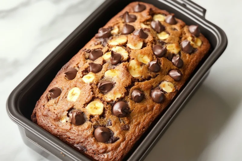 A freshly baked loaf of chocolate chip banana bread in a dark nonstick pan. The golden-brown bread is topped with melted chocolate chips and banana slices, creating a rich, gooey texture. The loaf is perfectly risen with a slightly cracked top, photographed in natural light on a white marble surface.
