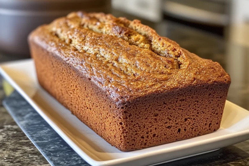 Golden brown air fryer banana bread loaf resting on a white rectangular plate, showcasing a crisp, textured crust with a beautifully cracked top, set on a kitchen counter.