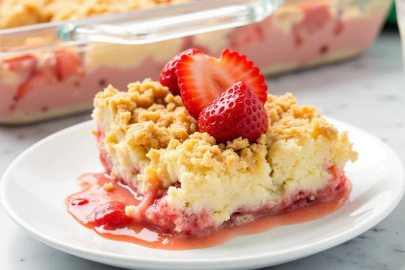 A square slice of strawberry cheesecake dump cake topped with fresh strawberries, showing layers of crumbly cake, creamy filling, and strawberry sauce on a white plate.