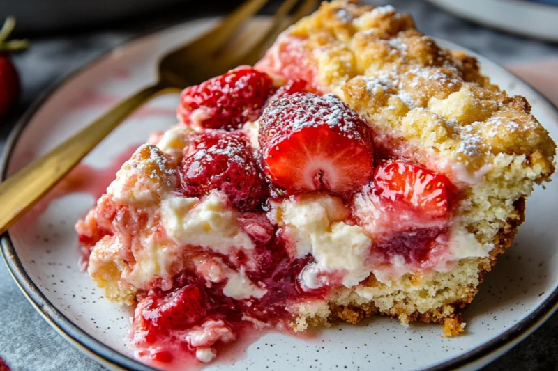 Close-up of a slice of strawberry cheesecake dump cake with juicy strawberries, creamy cheesecake filling, and golden crumb topping on a dessert plate.