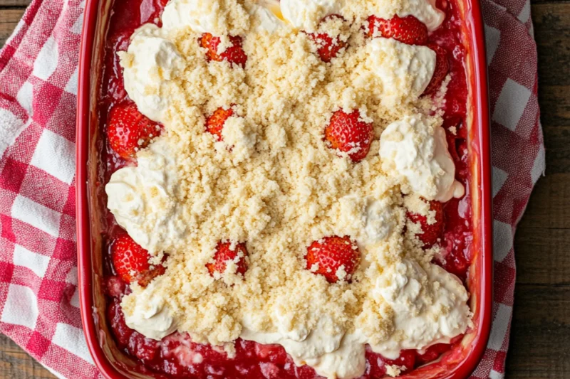 Overhead view of an unbaked strawberry cheesecake dump cake in a red baking dish, topped with spoonfuls of cream cheese and a crumbly cake mix layer over strawberry filling.