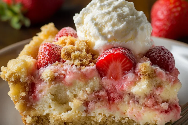 Slice of strawberry cheesecake dump cake served on a plate with a scoop of vanilla ice cream melting on the side.