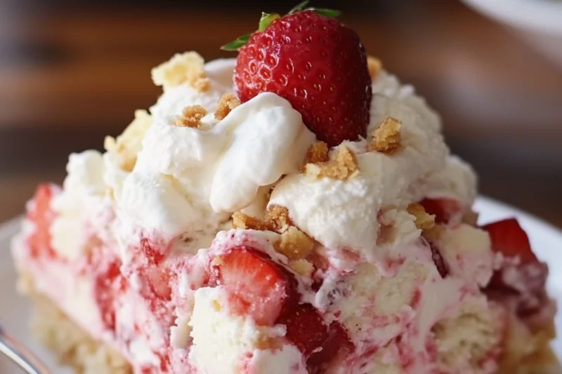 Slice of strawberry cheesecake dump cake topped with a dollop of whipped cream on a dessert plate.