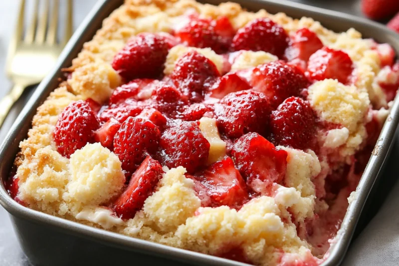 Freshly baked strawberry cheesecake dump cake in a metal baking dish, topped with whole strawberries and golden crumb topping.