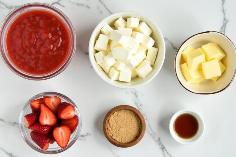 Overhead shot of strawberry cheesecake dump cake ingredients in individual bowls, including strawberry pie filling, yellow cake mix, cream cheese, melted butter, vanilla extract, fresh strawberries, and graham cracker crumbs.