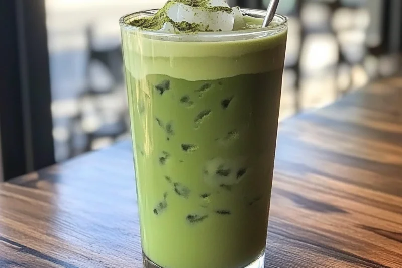 iced matcha latte Recipe : A tall glass of iced matcha latte filled with ice cubes, topped with a sprinkle of matcha powder and served with a metal straw. The vibrant green drink has a creamy top layer and is set on a wooden table with soft natural lighting in the background.