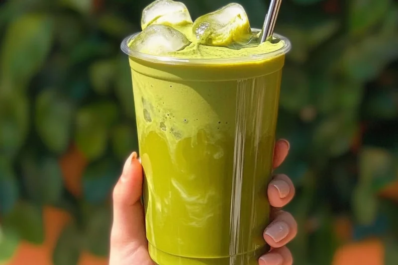 iced matcha latte Recipe :A hand holding a plastic cup filled with iced matcha latte, topped with ice cubes and a creamy green froth. A metal straw is placed inside the drink, and the vibrant green color stands out against a leafy blurred background in natural sunlight.