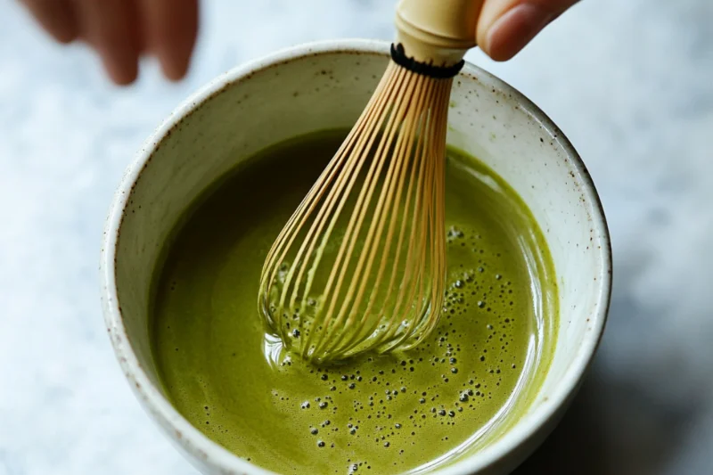 Whisking matcha powder with warm water in a small bowl until smooth and frothy, no clumps visible