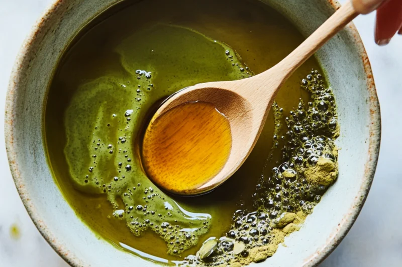 Adding honey to warm whisked matcha in a bowl, stirring gently to blend sweetener evenly
