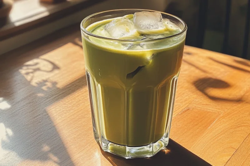 A glass of iced matcha latte with ice cubes on a wooden table, sunlight casting soft shadows across the surface