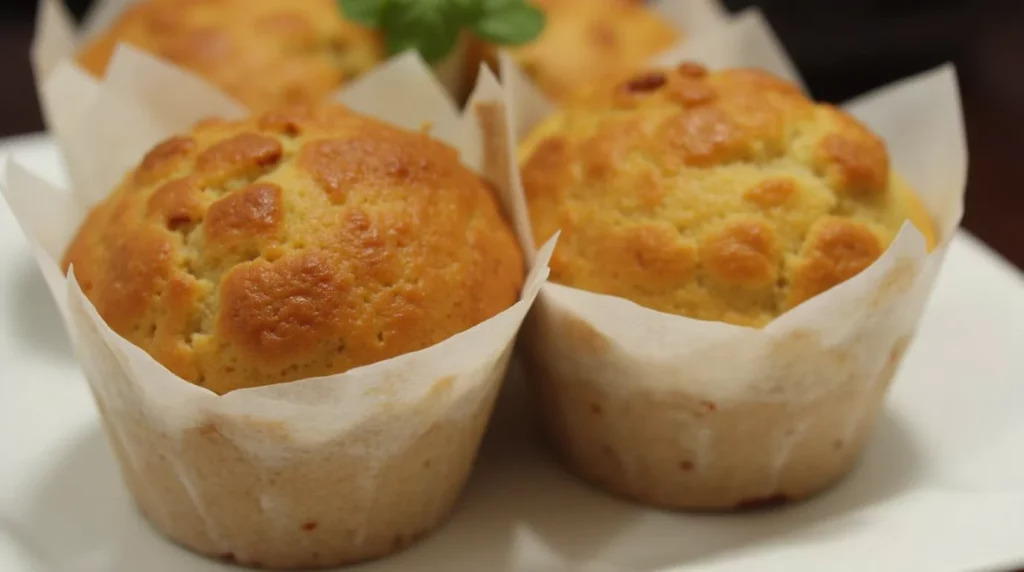 Can I Make Muffins With No Sugar? Golden brown sugar-free muffins wrapped in parchment paper, served on a white plate with a soft, fluffy texture and lightly domed tops.