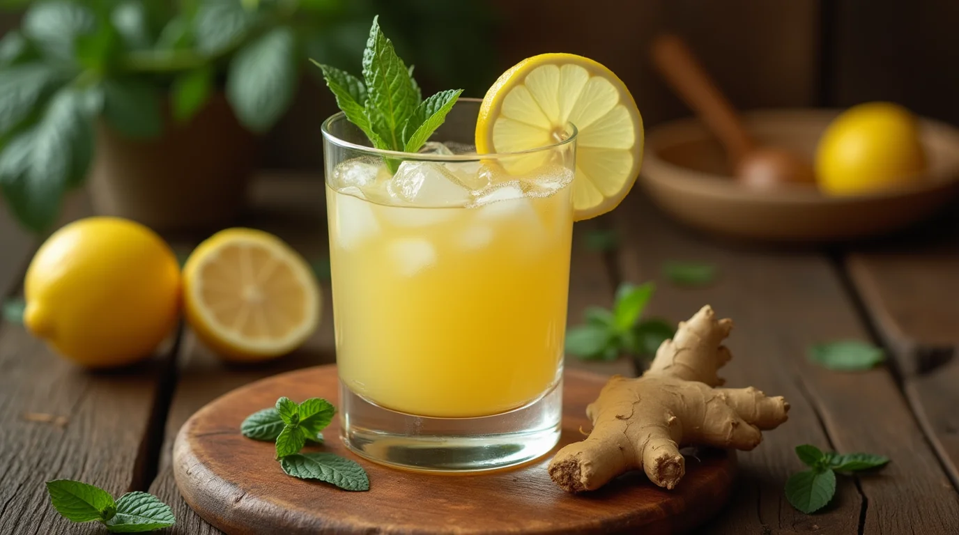 Natural Mounjaro Drink served in a modern clear glass with ice, garnished with mint and a lemon slice. Surrounded by fresh ginger, lemons, and mint leaves on a rustic wooden table, captured in soft natural light.