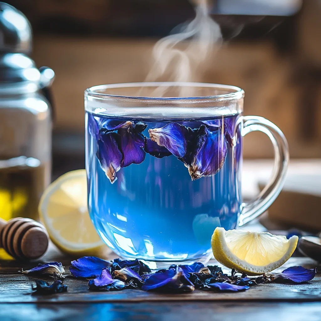 Glass mug of hot butterfly pea flower tea with steam rising, dried blue petals floating on top, surrounded by lemon slices, honey dipper, and loose petals on a rustic wooden table.