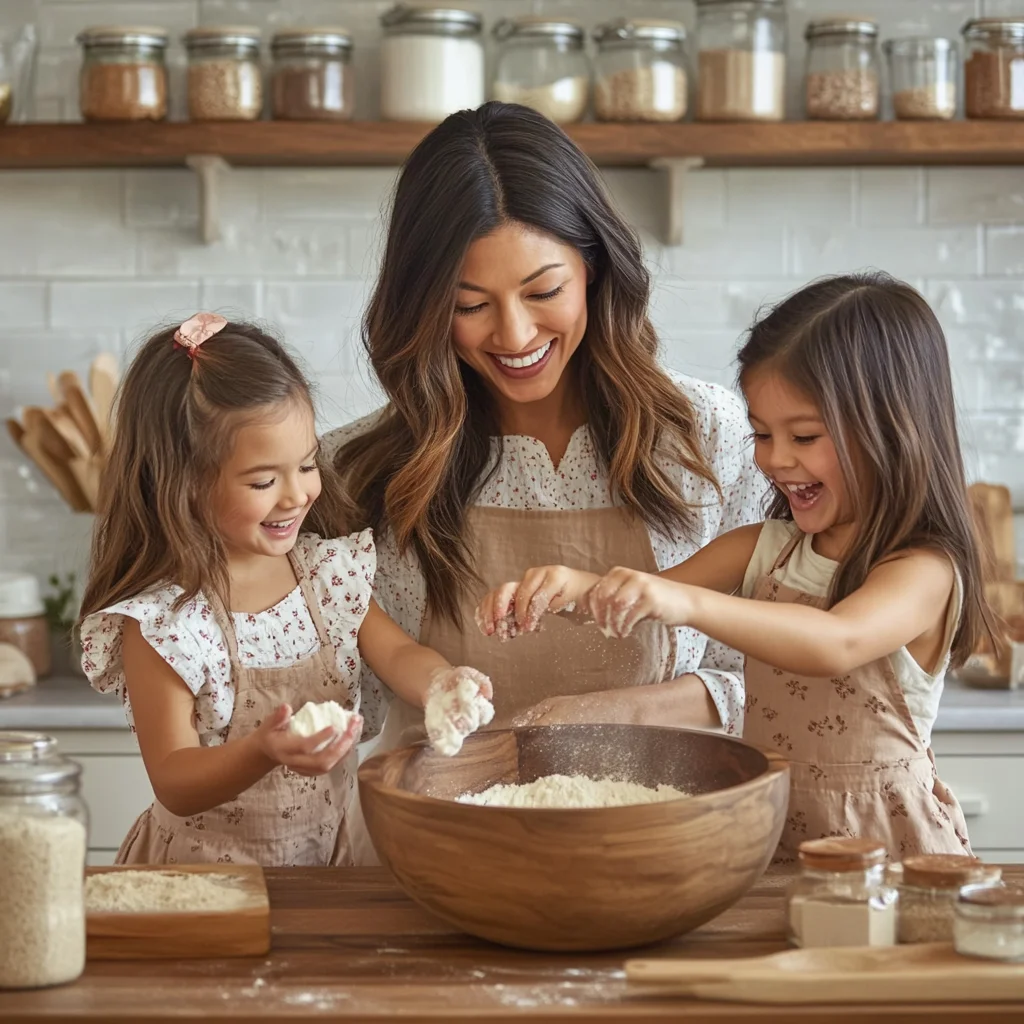 A loving mother and her two daughters joyfully baking together in a cozy kitchen, mixing ingredients in a wooden bowl, surrounded by jars of flour and spices.