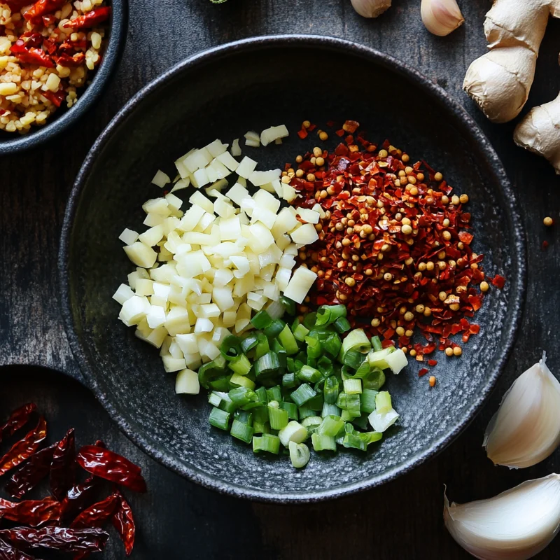 A wooden cutting board with freshly minced garlic and ginger, sliced green onions, broken dried red chilies, and lightly crushed Sichuan peppercorns. The ingredients are neatly arranged, showcasing their vibrant colors and textures, ready for stir-frying. Soft, natural lighting highlights the freshness of the aromatics.