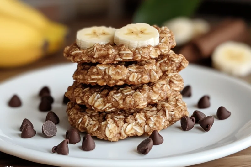 Banana Oatmeal Air Fryer Cookies Stack of banana oatmeal cookies on a white plate, topped with banana slices and surrounded by chocolate chips, with fresh bananas in the background.