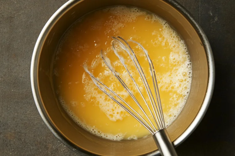 Easy Meyer lemon curd Whisking eggs and sugar together in a saucepan to make lemon curd, showing a smooth yellow mixture with a metal whisk.