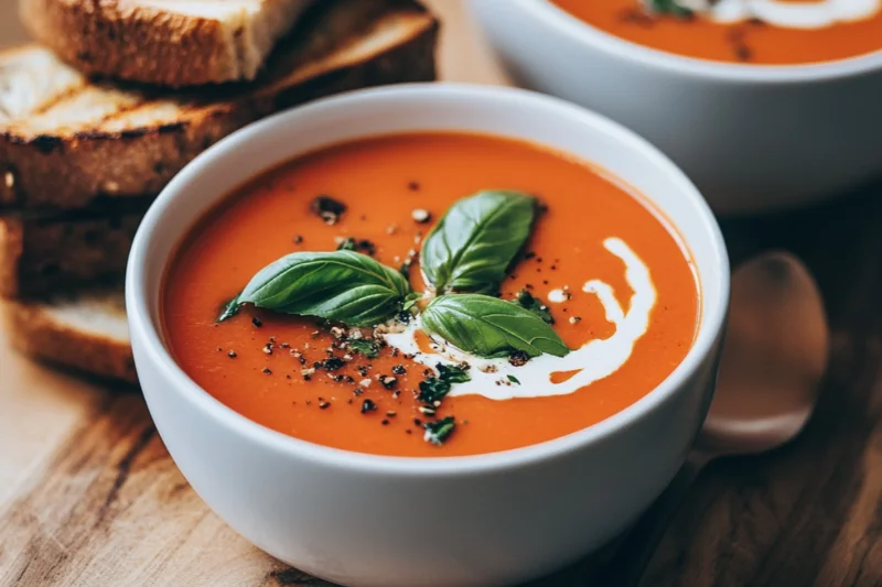Easy Instant Pot Tomato Soup: A close-up of a bowl of creamy Instant Pot tomato soup topped with fresh basil leaves, a swirl of cream, and cracked black pepper. Served in a white bowl next to slices of toasted bread on a wooden table, with warm natural lighting for a cozy, homemade feel.
