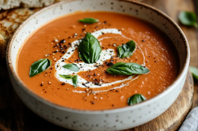 Easy Instant Pot Tomato Soup : A rustic ceramic bowl filled with creamy Instant Pot tomato soup, garnished with a swirl of cream, fresh basil leaves, and a sprinkle of cracked black pepper. The bowl is placed on a wooden surface with pieces of bread and scattered basil leaves nearby, creating a warm, homemade presentation.