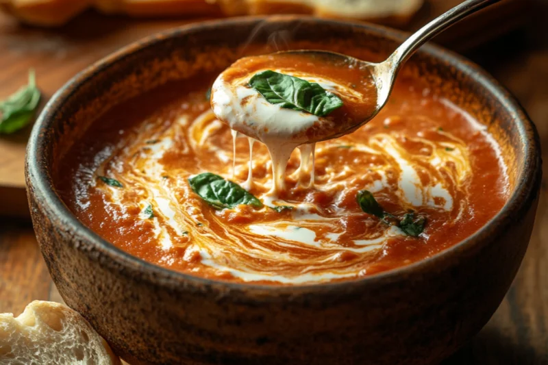 Easy Instant Pot Tomato Soup: A rustic bowl of creamy Instant Pot tomato soup with a spoon lifting a melty, steaming portion topped with fresh basil and swirls of cream. The soup has a rich, velvety texture with visible steam and stringy melted cheese, served with a piece of crusty bread on the side. Cozy, homemade feel with warm lighting.