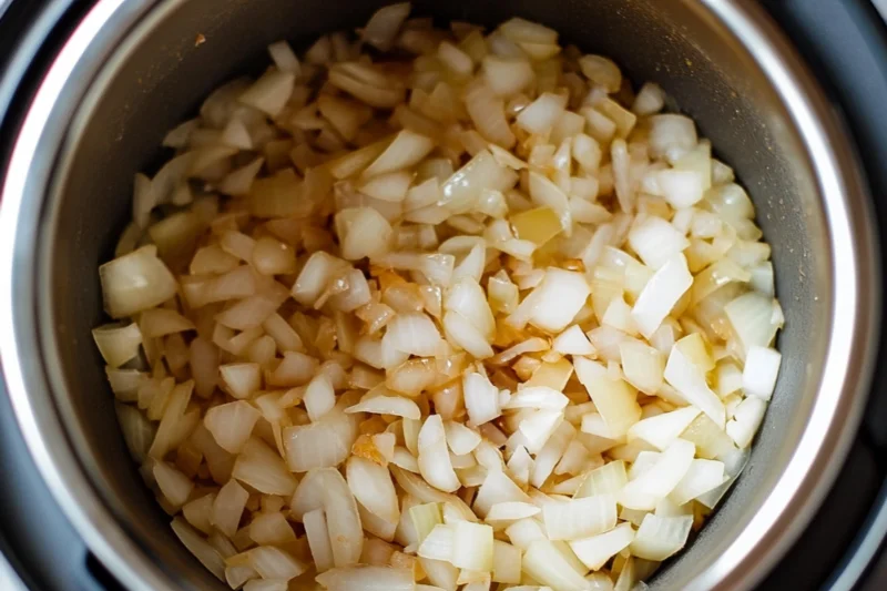 Chopped onions being sautéed in an Instant Pot, slightly golden and translucent. The onions are evenly cooked and cover the bottom of the pot, forming the aromatic base for a homemade recipe.