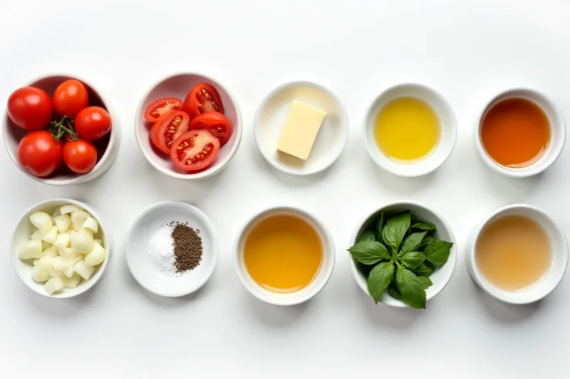 Easy Instant Pot Tomato Soup: Overhead view of individual white bowls filled with fresh tomato soup ingredients on a white background. The bowls contain whole and halved tomatoes, chopped onions, garlic cloves, butter, olive oil, fresh basil leaves, vegetable broth, and seasonings like salt and pepper. Clean, bright, and minimal flat lay arrangement styled for a food blog or recipe post.