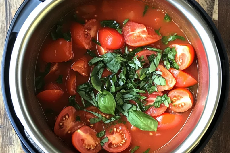 Chopped onions sautéed in an Instant Pot with added canned tomatoes, broth, basil, and seasoning. A wooden spoon stirs the vibrant red mixture, creating a rich and aromatic tomato soup base. Steam rises gently, hinting at the cozy, comforting flavor developing inside. Perfect step for homemade Instant Pot tomato soup.