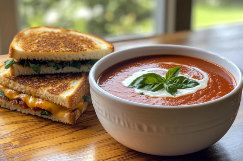 Easy Instant Pot Tomato Soup :
A cozy lunch scene featuring a stacked grilled cheese sandwich with golden, crispy sourdough and gooey melted cheddar, paired with a bowl of creamy Instant Pot tomato soup topped with a swirl of cream and fresh basil. Served on a wooden table near a sunlit window for a warm, homemade feel.