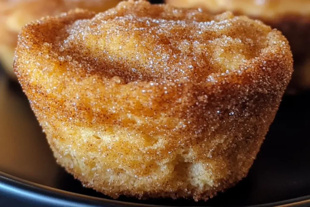 cinnamon sugar French toast muffins :Close-up of a cinnamon sugar French toast muffin with a golden-brown crust, coated in cinnamon sugar, sitting on a dark plate under natural kitchen lighting.