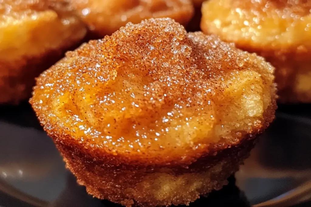 Close-up of a golden-brown cinnamon sugar French toast muffin with a crisp, sugary top, glistening under warm lighting, served on a dark plate.