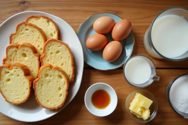 Top-down view of ingredients for cinnamon sugar French toast muffins, with sliced bread, eggs, milk, butter, sugar, vanilla, and cinnamon each placed separately on small plates and bowls.