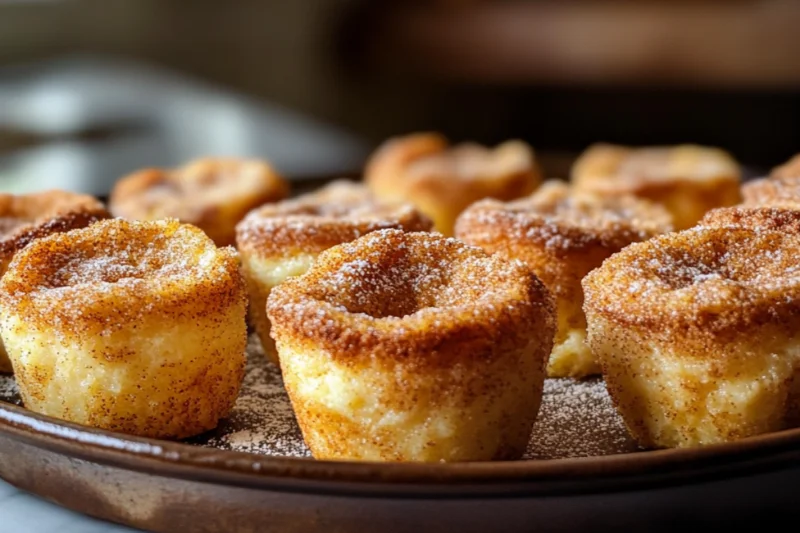 Freshly baked cinnamon sugar French toast muffins on a baking tray, with golden tops and slightly crispy edges, just out of the oven and dusted with cinnamon sugar.