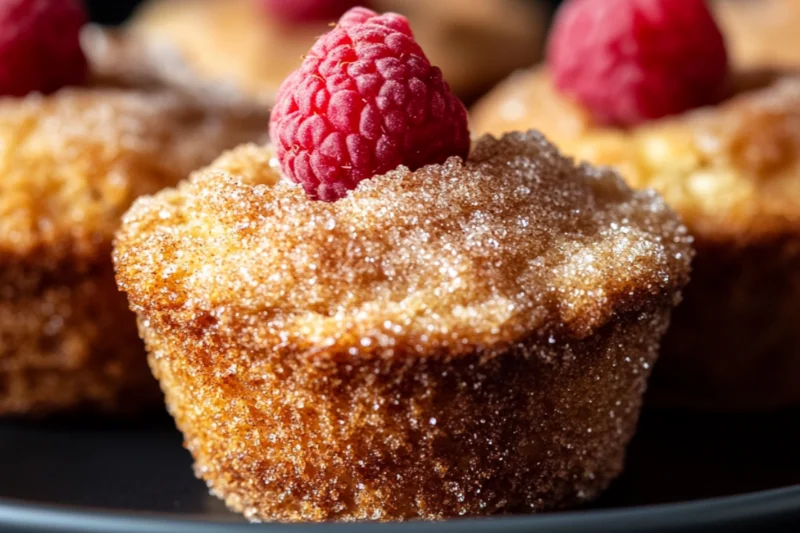 Cinnamon sugar French toast muffin topped with a fresh raspberry, showing a golden, sugar-coated crust and soft texture, served on a dark plate in natural light.