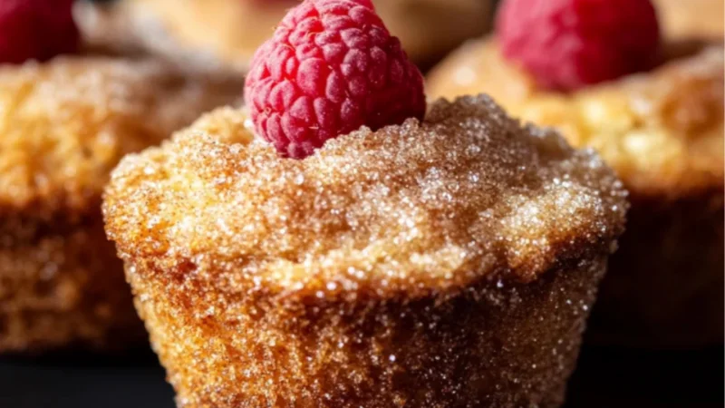 Cinnamon sugar French toast muffin topped with a fresh raspberry, showing a golden, sugar-coated crust and soft texture, served on a dark plate in natural light.