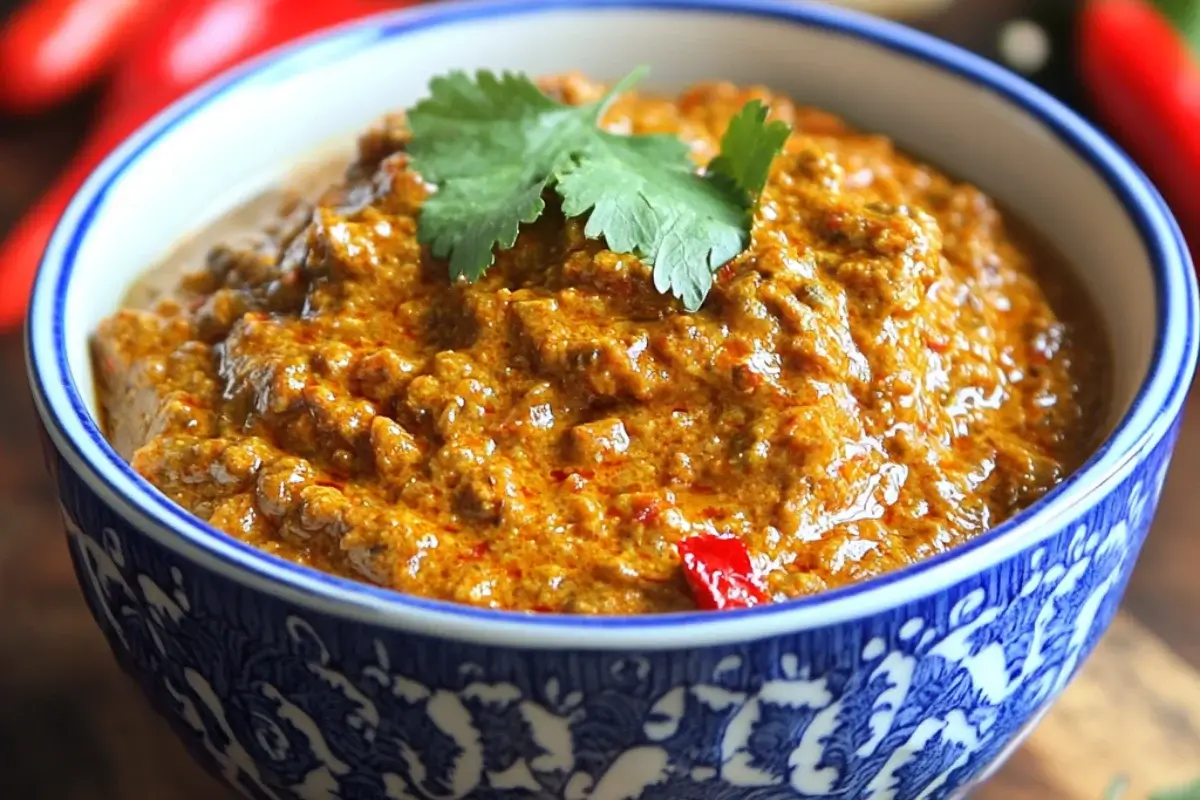 Homemade Panang curry paste in a stone mortar with fresh Thai herbs and spices on a wooden table