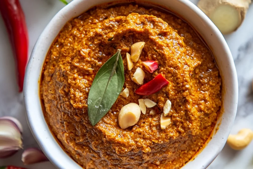 A close-up of a bowl filled with a thick, reddish-brown spicy curry paste, garnished with a bay leaf, chopped red chili, and crushed cashew nuts. Surrounding the bowl are fresh ingredients like garlic cloves, red chili peppers, ginger, and whole cashews, hinting at the rich, aromatic flavors in the paste.